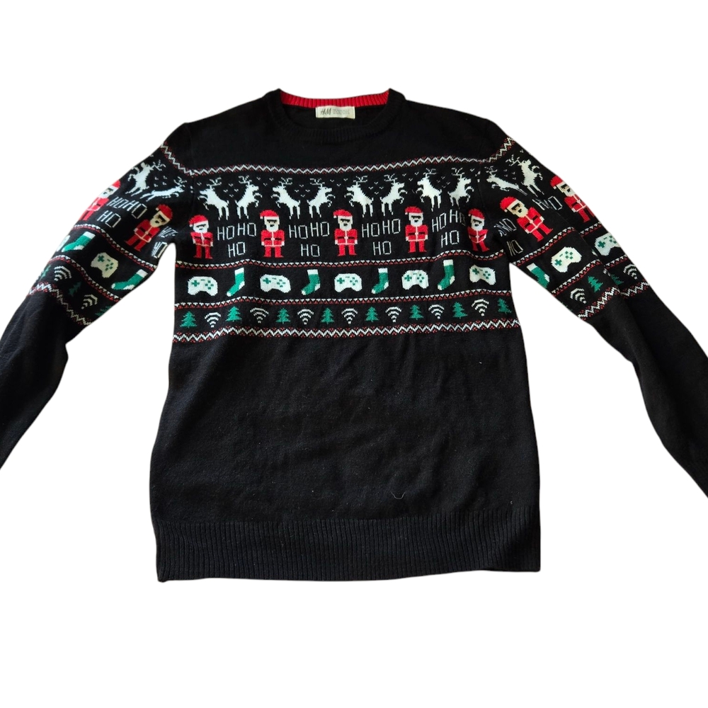 Black Festive Christmas Sweater with Santa and Reindeer‎ Pattern